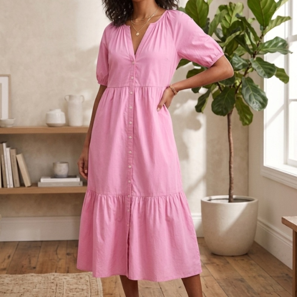 Loft Lightweight Pink Button-Front Women’s Midi Dress Size S NWT